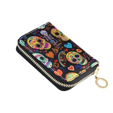 Imagem de Carteira feminina de desenho animado com zíper e bloqueio de RFID, porta-cartões de crédito, caveiras coloridas vibrantes, preta, carteira para dinheiro de viagem com bolso para moedas