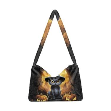 Imagem de GAIGEO Halloween in the Style of Whimsical Bolsa de ombro feminina, bolsa feminina para uso ao ar livre, Gato com chapéu de bruxa abóbora, One Size