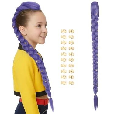 Imagem de Peruca trançada roxa longa com punhos de cabelo dourado 90 cm de espessura longa lavanda roxo trança cabelo cosplay peruca clipe em rabo de cavalo acessórios de vestir