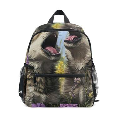 Imagem de GAIGEO Wolf Cubs Howling Grass Floral Backpack for Baby Girls Small Backpack with Front Pocket, Safety Whistle for Ages 3-8