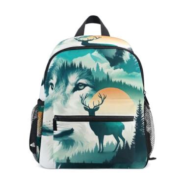 Imagem de GAIGEO Wolf Deer Forest Watercolor Small School Backpack with Whistle, Adjustable Chest Strap, Girls Backpack Lightweight & Compact for Ages 3-8