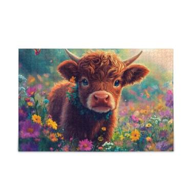 Imagem de Quebra-cabeças engraçados de 500 peças de flores de bezerro das Terras Altas, composto de papel e madeira com bolsa de armazenamento