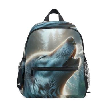 Imagem de GAIGEO Wolf Howling Moon Backpack for Kids Toddler Girl Backpack with Front Pocket, Safety Whistle for Ages 3-8