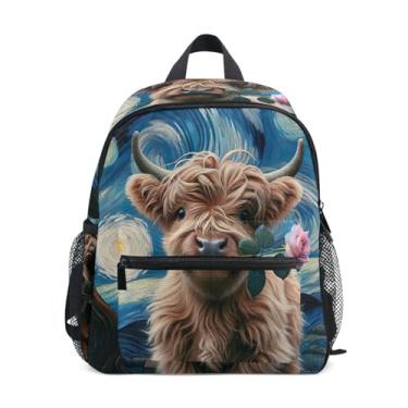 Imagem de GAIGEO Highland Cow Starry Night Toddlers Backpack, 10x4x12 In, Kindergarten Backpack for Girls Includes Water Bottle Pockets, Whistle Clip for Safety