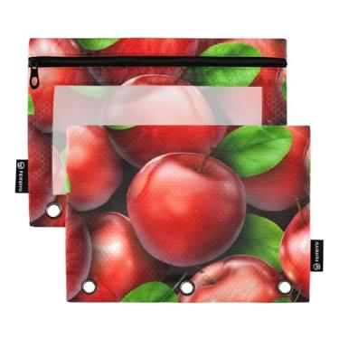 Imagem de GAIGEO Bolsa de lápis para fichário de 3 anéis, maçãs vermelhas brilhantes, folhas verdes, fichário com zíper, bolsas personalizadas, escola, bolsos transparentes, caneta, 25 x 18 cm, 2 pacotes