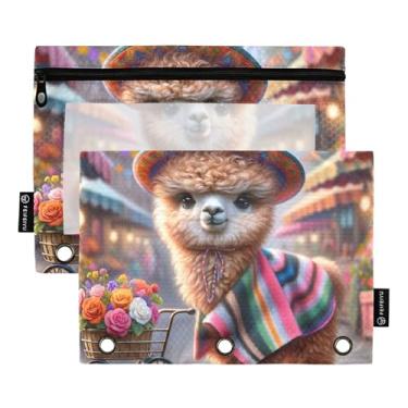 Imagem de GAIGEO Pasta de lápis com 3 anéis, boho, alpaca fofa, para canetas, fichário com zíper, fichário, escola, transparente, bolsos, rosa, 25 x 18 cm, 2 pacotes