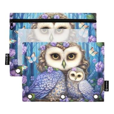 Imagem de GAIGEO Estojo de lápis Office com 3 anéis, estojo de lápis com tecido de zíper, fichários transparentes, corujas escolares florais 25 x 18 cm, 2 pacotes