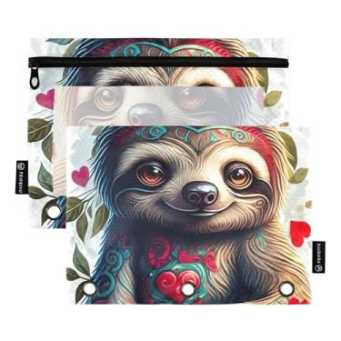 Imagem de GAIGEO Bolsa de lápis personalizada com 3 anéis, linda preguiça, animal, floral, caneta, lápis, fichário com zíper, bolsos transparentes para escola, zíper 25 x 18 cm, 2 pacotes