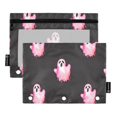 Imagem de Pasta de lápis Office com 3 anéis, estojo de lápis, fichário com zíper, estojo para canetas, fichários transparentes, escola, rosa, fantasma, preto, 25 x 18 cm, 2 pacotes
