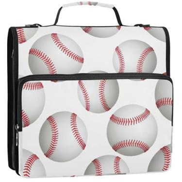 Imagem de Organizador de fichário divertido com zíper 3 1/2 polegadas, 3 anéis, bolas de beisebol brancas, pasta de portfólio de armazenamento com alça escolar com alça de ombro 34,5 x 31,5 x 9 cm