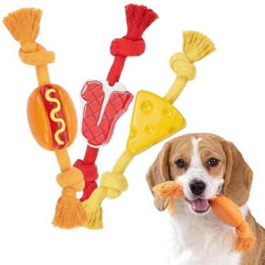 Imagem de FOFOS Brinquedos de corda de borracha para cães, pacote com 3 brinquedos de mastigar com sabor de queijo, brinquedos de borracha para cães com corda de algodão, brinquedos de cabo de guerra para