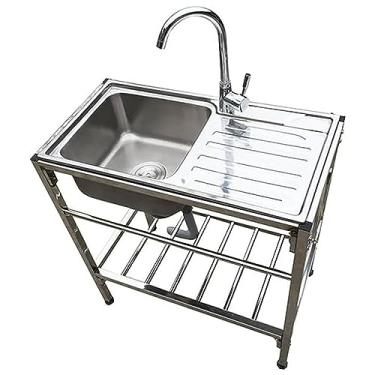 Imagem de Pia comercial, pia de cozinha de pia única de aço inoxidável com suporte, pia de lavanderia simples para casa com escorredor esquerdo, prático, pia multiuso independente (fita fria)