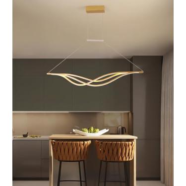 Imagem de Luminária pendente LED moderna para sala de jantar, com altura ajustável, dimerizável infinitamente, com controle remoto, na cor dourada (100 cm).