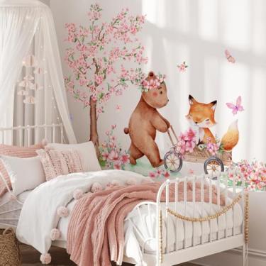 Imagem de Adesivos de parede de flor de cerejeira grande, urso raposa rosa pêssego flor árvore decalques de parede para meninas crianças quarto berçário sala de estar TV decoração de parede
