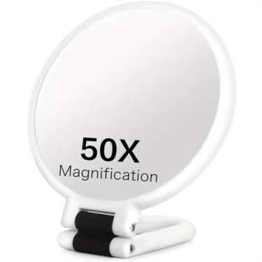 Imagem de Espelho de aumento 50X com alça ajustável de 360° e design de dupla face 1X/50X - ideal para maquiagem de precisão, pinça de sobrancelha e inspeção de manchas. Ferramenta de beleza dobrável e adequada