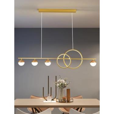 Imagem de Luminária pendente LED moderna, com design em anel e dimerizável, controle remoto e altura ajustável. Luminária suspensa com LED em formato de bola creme, ideal para sala de jantar e escritó