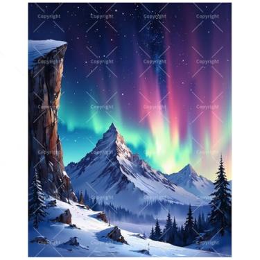 Imagem de Kit de pintura por números Aurora Boreal para adultos - DIY Northern Lights Above Majestic Mountain Painting on Canvas 40 x 50 cm, conjunto de tinta acrílica emoldurada para iniciantes, arte de