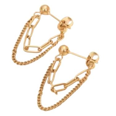 Imagem de Brincos de corrente dupla banhados a ouro amarelo 18 K para mulheres, brincos de corrente pendentes com tachas de esfera, banhado a ouro 18 quilates sobre aço inoxidável, resistente a manchas, queda