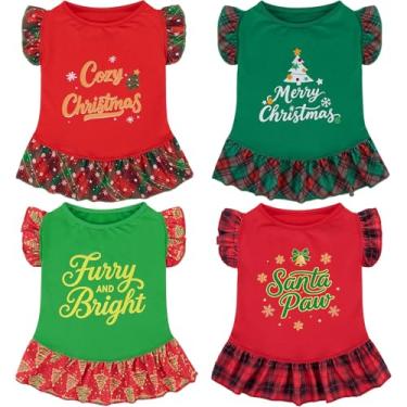 Imagem de XPUDAC Pacote com 4 vestidos de Natal para cachorrinhos xadrez para cães pequenos, meninas, roupas fofas, roupas para cachorros, fantasia de festa de Natal, vermelho, verde