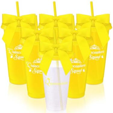 Imagem de Jingmore Copos reutilizáveis de festa de quinze anos amarelos com canudo e tampa laço torcido 680 g Recuerdos Para 15 Anos Quinceaneras Quinceanera Copo de plástico Quince Anos Festa 15 Aniversário (6