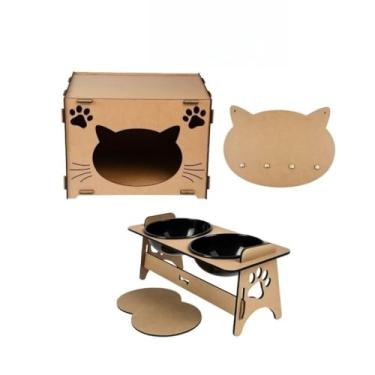Imagem de Casa de Gato em MDF Nicho Toca Playground Cama para Gatos Espaço Pet Decorativo(KIT CRU CASA+COMEDOURO)