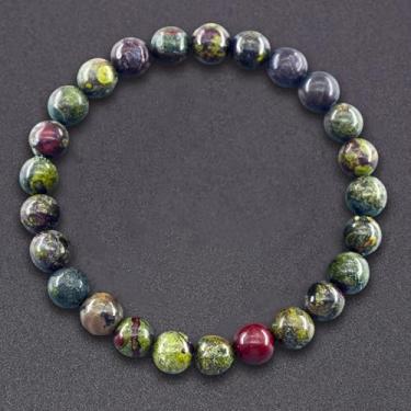 Imagem de 1 pulseira masculina de pedra de sangue de dragão - pedras naturais e sintéticas, contas marmorizadas em vermelho/verde/preto/branco, design elegante para roupas casuais