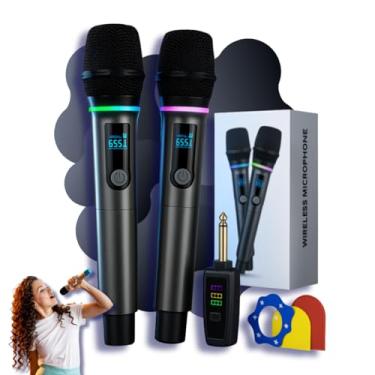 Imagem de Microfone de mão profissional sem fio duplo RGB, tecnologia UHF. Ideal para karaokê, festas, eventos, palestras, igreja e entretenimento familiar – Qualidade Premium LNSTORE