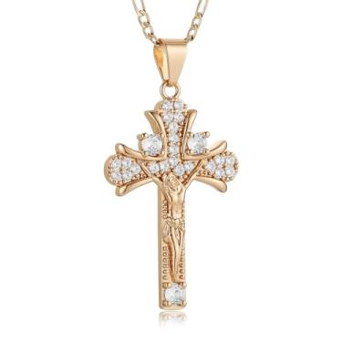 Imagem de HZMAN Colar de cruz de Jesus para mulheres, pingente de cruz de latão ouro rosa, colar religioso, 43 cm, joia delicada de crucifixo