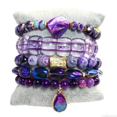 Imagem de ZOSOJONA Pulseiras femininas Boho com contas, 5 peças, contas de ágata turquesa, conjunto de pulseiras elásticas com pedra natural e cristal, pulseiras empilháveis da amizade, joias presentes para