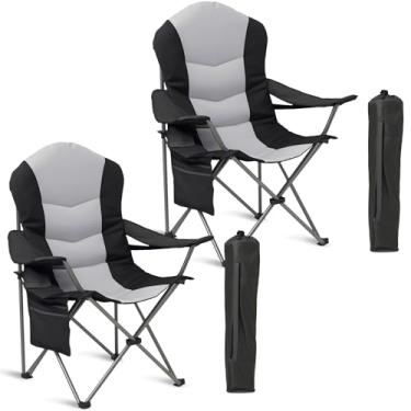 Imagem de Foristrail Pacote com 2 cadeiras dobráveis de acampamento para adultos – Cadeiras de gramado acolchoadas com encosto alto com suporte lombar e suporte para copos, conjunto de cadeiras de acampamento