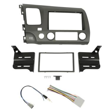 Imagem de ECOTRIC Kit de instalação de rádio Double Din compatível com Honda Civic 2006-2011 Kit de painel com chicote de fios cinza escuro