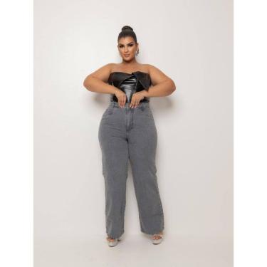 Imagem de Calça Jeans Feminina Retrô Wide Leg Plus Size Pantalona