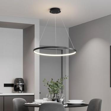 Imagem de Luminária pendente redonda para mesa de jantar, moderna, com LED, regulável e com controle remoto, ideal para sala de estar, escritório e cozinha (preta, 80 cm de comprimento/52 W).