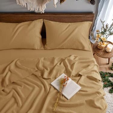 Imagem de REDASW Jogo de lençol Queen 100% linho puro, 4 peças, com bolso profundo, adequado para colchão de até 40,6 cm, roupa de cama macia, confortável para todas as estações (ferrugem, Queen)