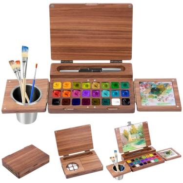 Imagem de Paleta de tinta paleta de aquarela de madeira com fivela quadrada de tampa, paleta de tinta acrílica com 24 grades, kit de bandeja de paleta de madeira de nogueira dobrável com porta-canetas para