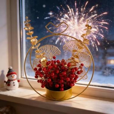 Imagem de KYMY Peça central de mesa de ano novo chinês e vietnamita – Enfeite de mesa de maçã de metal dourado para festival da primavera de 2026 com frutas vermelhas e folhas douradas, decoração de mesa de ano