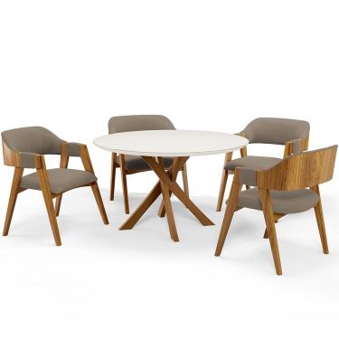 Imagem de Mesa De Jantar Redonda Cora 120cm Off White M04 com 04 Cadeiras Living Suran Bouclê Bege - Lyam