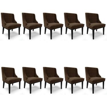 Imagem de Kit 10 Cadeiras Estofadas Para Sala De Jantar Base Fixa De Madeira Preto Lia Suede Marrom - Ibiza