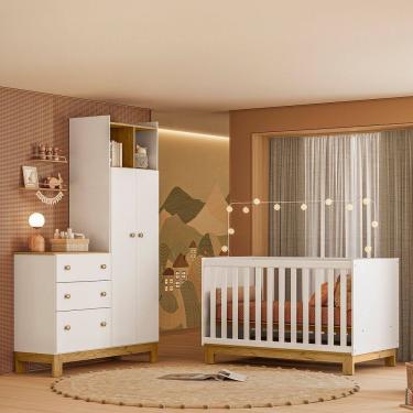 Imagem de Quarto de Bebê com Berço Slim e Guarda Roupa com Cômoda Flora Branco Acetinado Qmovi