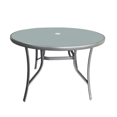 Imagem de Mesa Redonda Arpoador Macaé Fratini 107 Cm Largura Alumínio Cinza Tampo De Vidro Com Furo Central