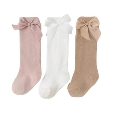 Imagem de Meias De Algodão Para Meninas Até O Joelho Com Laço Grande Para Bebês 