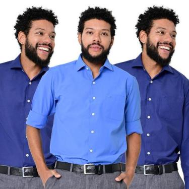 Imagem de Kit 3 Camisas Social Masculina Lisa Manga Longa Camisaria Colombo, Mar