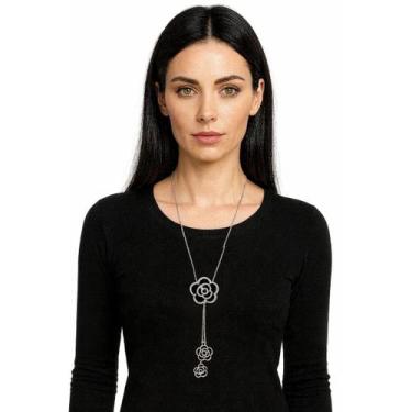 Imagem de Colar Longo Rosa Preta com Detalhes em Cristal Feminino Luxo - anjo da