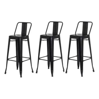 Imagem de Kit 3 Banquetas Tolix Iron com Encosto Preto Brilhante Industrial Aço 