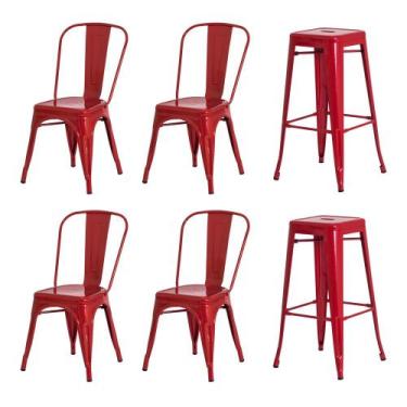 Imagem de Kit 4 Cadeiras + 2 Banquetas Tolix Iron Design Vermelha Aço Industrial