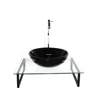 Imagem de KIT CUBA DE VIDRO REDONDA 10MM PRETA COM TAMPO 50CM INCOLOR E SUPORTE PRETO