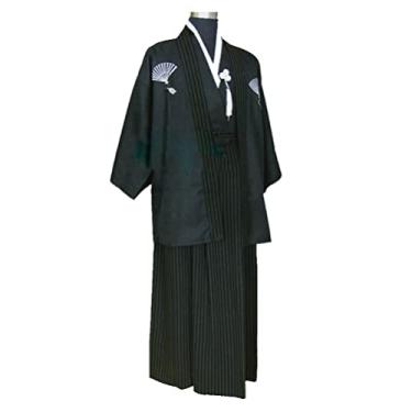 Imagem de GALPADA 1 conjunto de terno japonês samurai tradicional japonês samurai masculino quimono guerreiro traje guerreiro cosplay adereços de performance para homens (preto G)