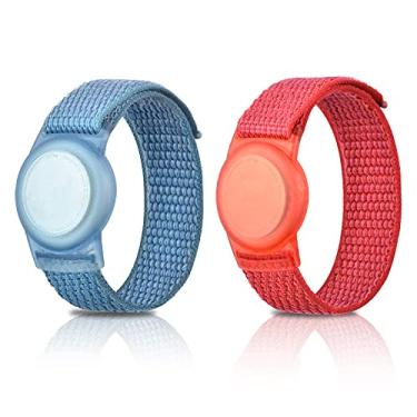 Imagem de Pacote com 2 pulseiras infantis para AirTag, pulseira de relógio de nylon com suporte rastreador GPS, capa protetora compatível com Apple Air Tag, pulseira antiperda ajustável para bebês e idosos (vermelho + azul)