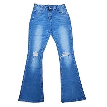 Imagem de Calça jeans feminina boca de sino clássica de cintura alta flare calça jeans rasgada calça jeans casual de verão, Azul, XXG