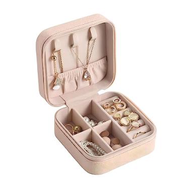 Imagem de Organizador de caixa de joias de viagem, estojo de joias portátil com zíper 4 grades de exibição de grande capacidade suporte de joias divisória armazenamento forro macio mini caixa de(Rosa nude)